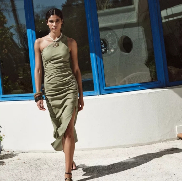 Zara Asymmetric Midi Dress With Linen - Picture 2 of 6